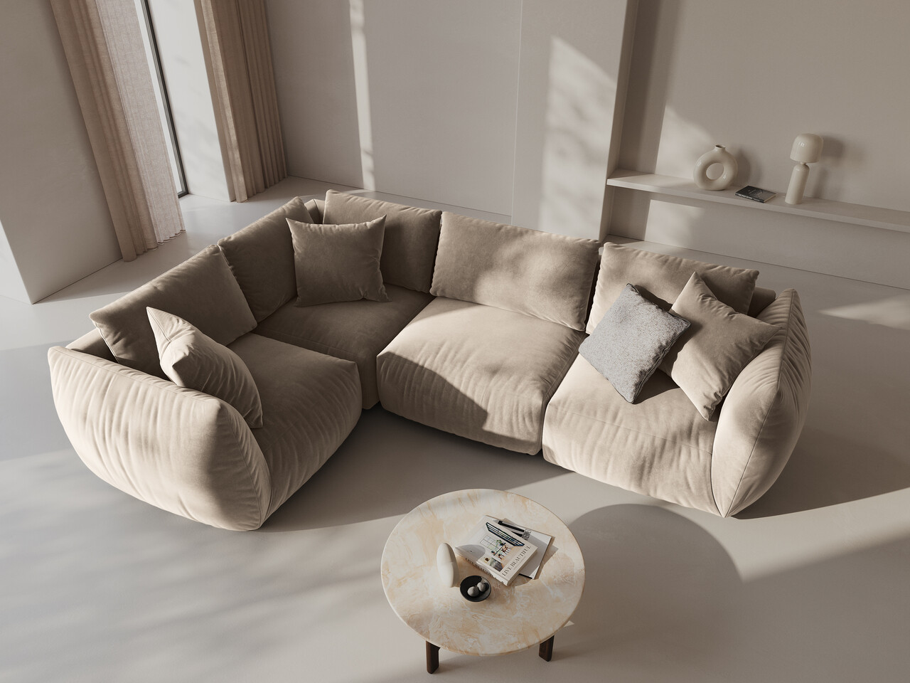 Coltar stanga 4 locuri, Chris-184, Micadoni Home, 295x210x80 cm, catifea, ecru Colțare